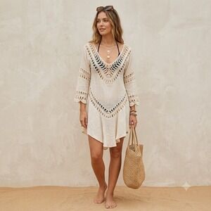 LA Class Crochet Top‎ Women Cream Small Boho Gauze Bathing Suit Cover Up